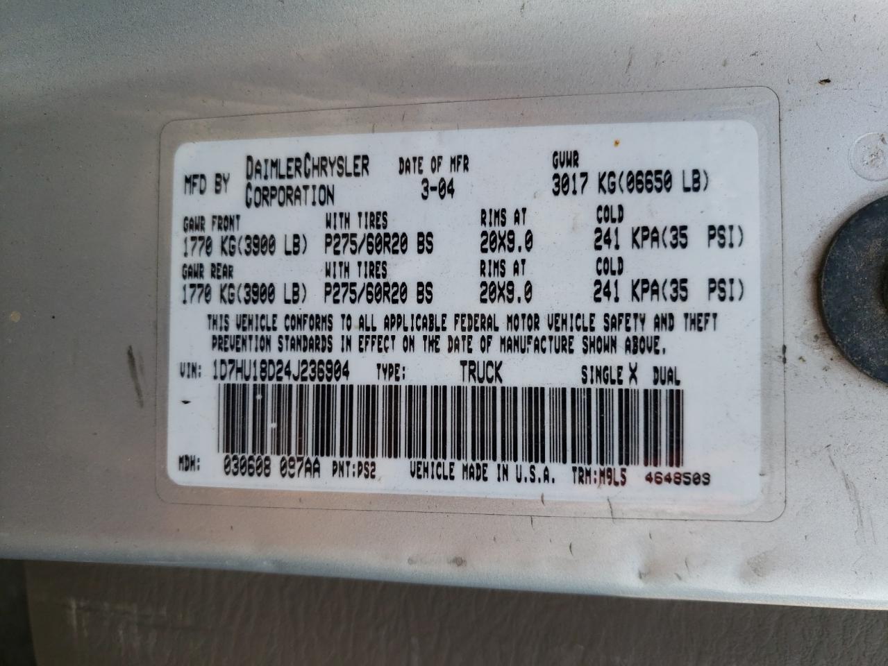 2004 Dodge Ram 1500 St VIN: 1D7HU18D24J236904 Lot: 64001354