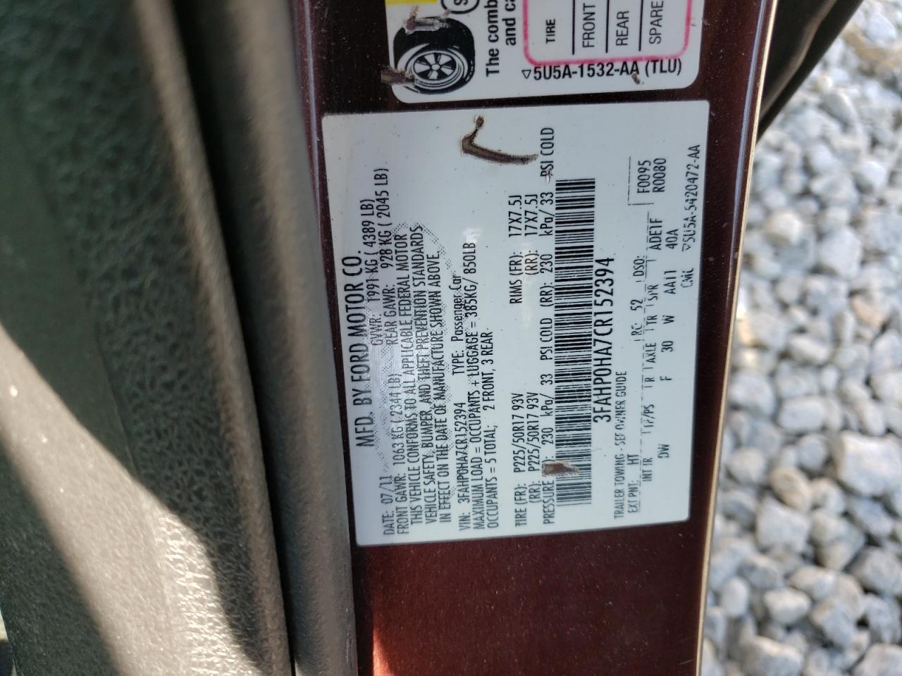 2012 Ford Fusion Se VIN: 3FAHP0HA7CR152394 Lot: 62799064