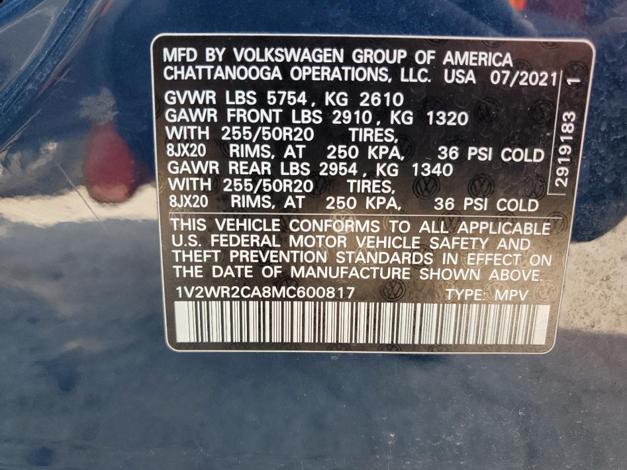 2021 Volkswagen Atlas Se VIN: 1V2WR2CA8MC600817 Lot: 61654854