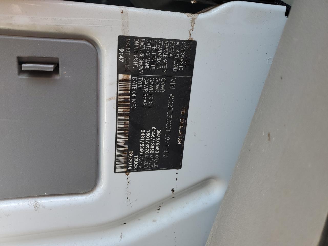 2015 Mercedes-Benz Sprinter 2500 VIN: WD3PE7CC2F5971182 Lot: 61037564