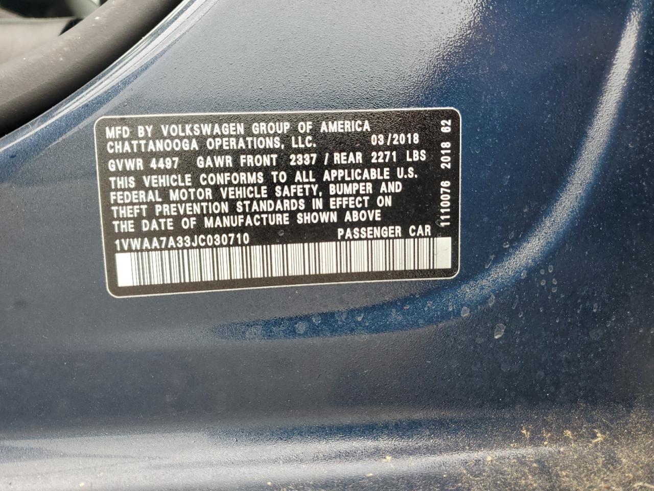2018 Volkswagen Passat S VIN: 1VWAA7A33JC030710 Lot: 64890264