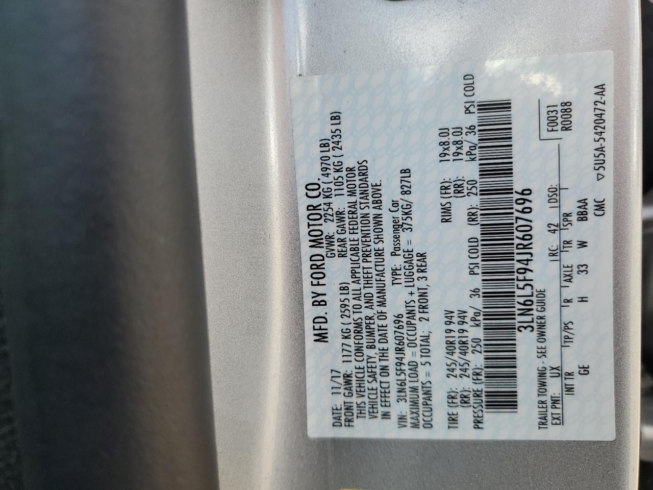 2018 Lincoln Mkz Reserve VIN: 3LN6L5F94JR607696 Lot: 63190384