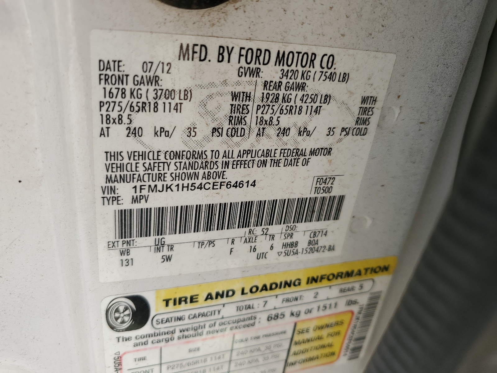 1FMJK1H54CEF64614 2012 Ford Expedition El Xlt