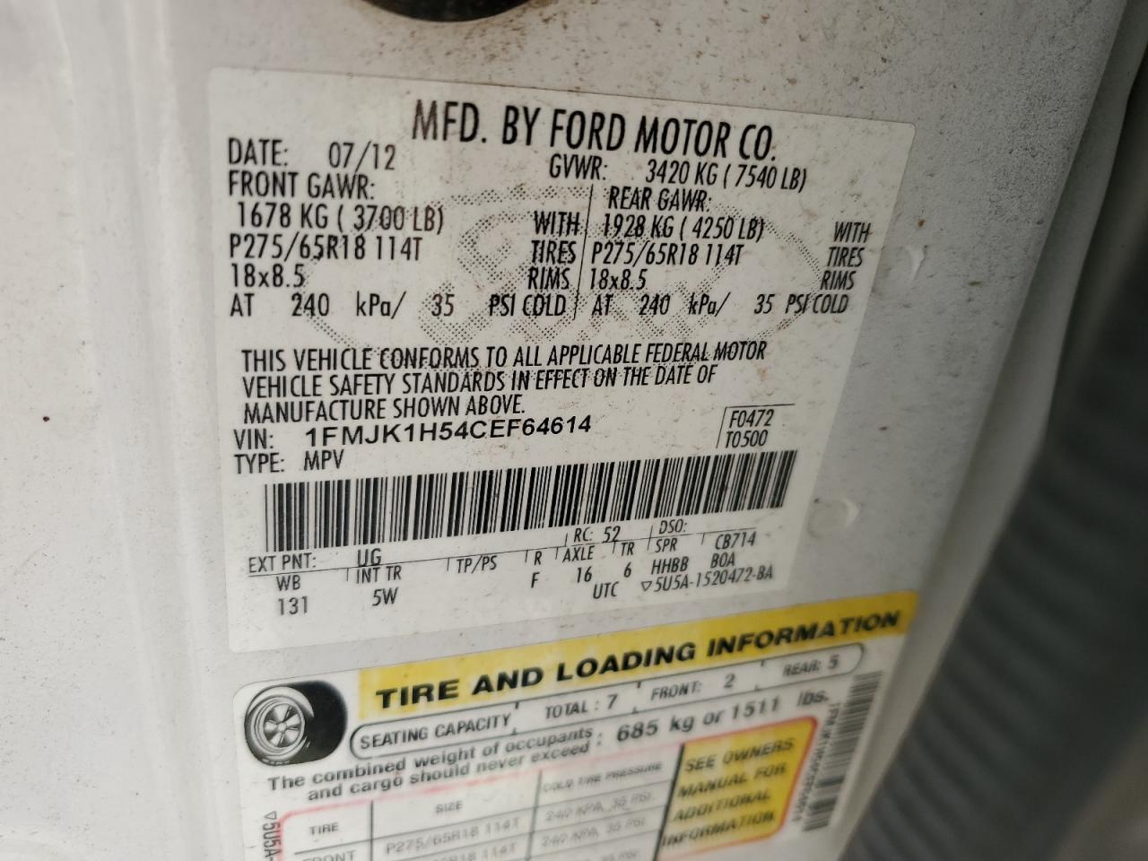 2012 Ford Expedition El Xlt VIN: 1FMJK1H54CEF64614 Lot: 65756174