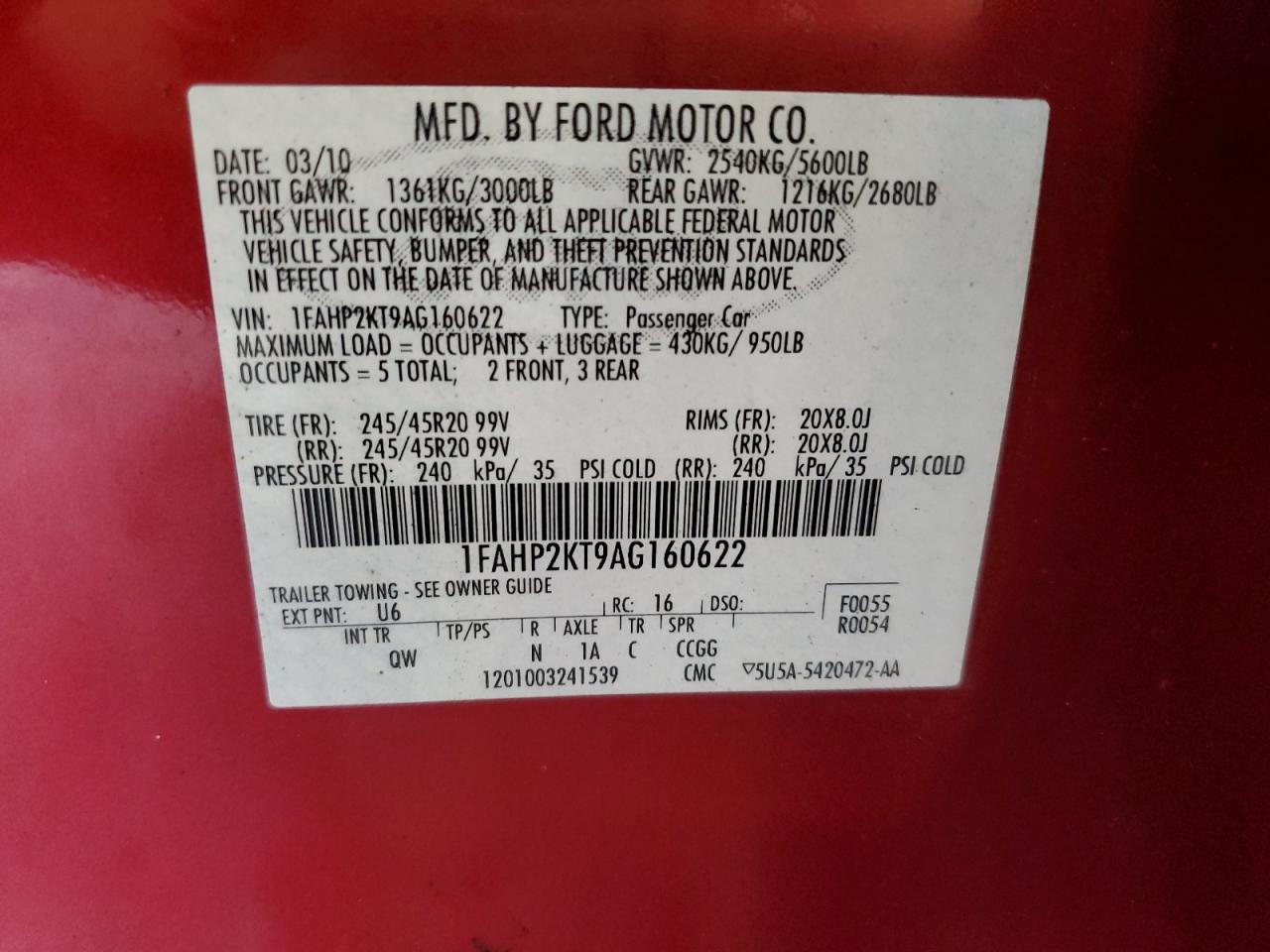 2010 Ford Taurus Sho VIN: 1FAHP2KT9AG160622 Lot: 63719644