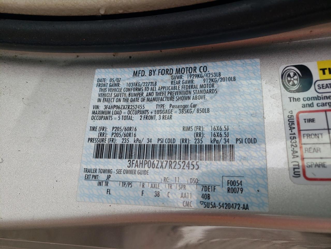 2007 Ford Fusion S VIN: 3FAHP06ZX7R252455 Lot: 64191144