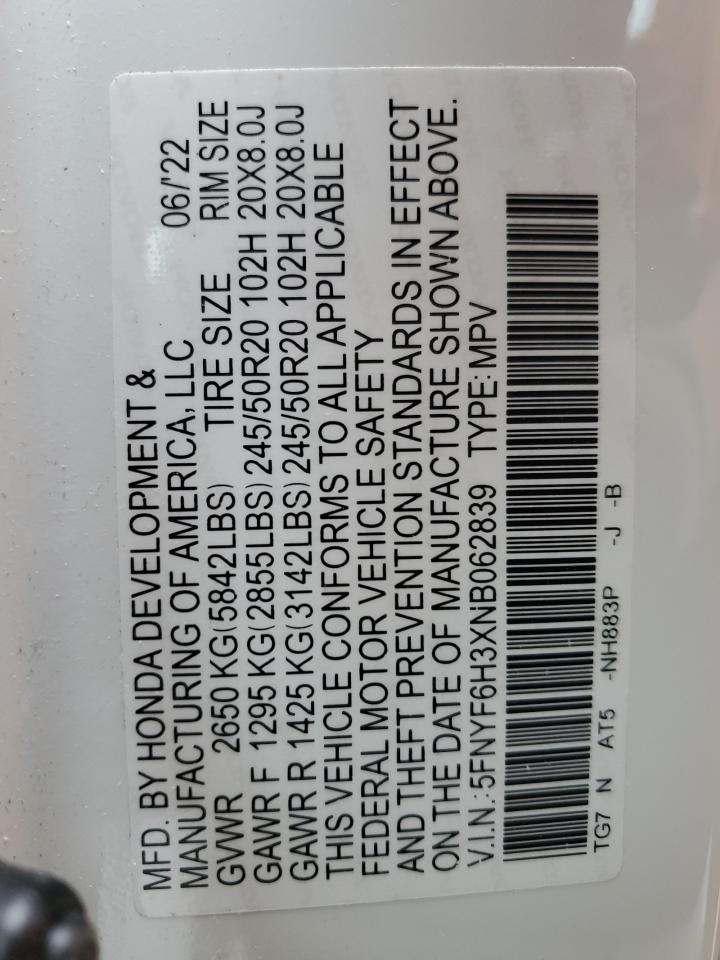 2022 Honda Pilot Sport VIN: 5FNYF6H3XNB062839 Lot: 65168634