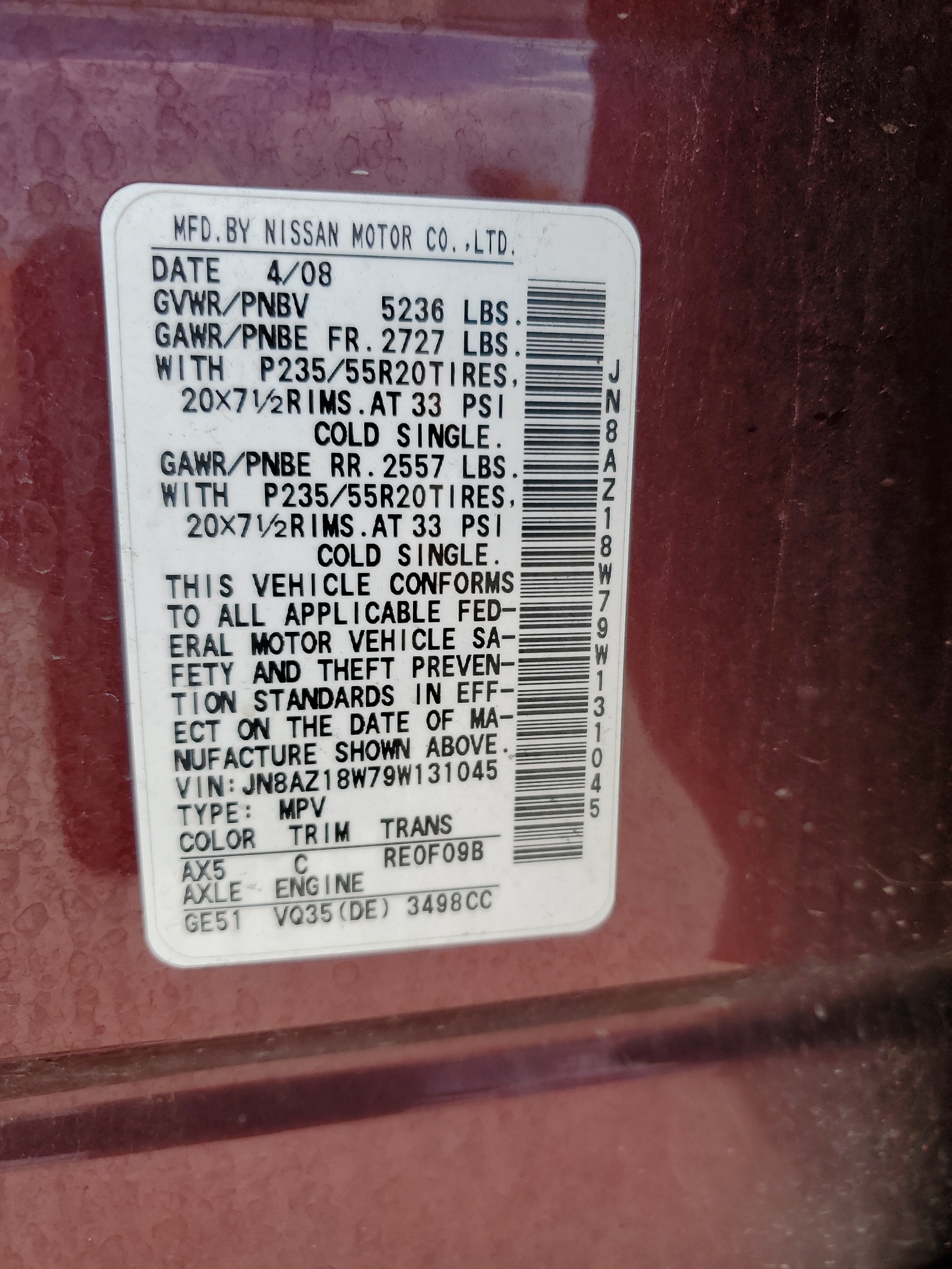 JN8AZ18W79W131045 2009 Nissan Murano S