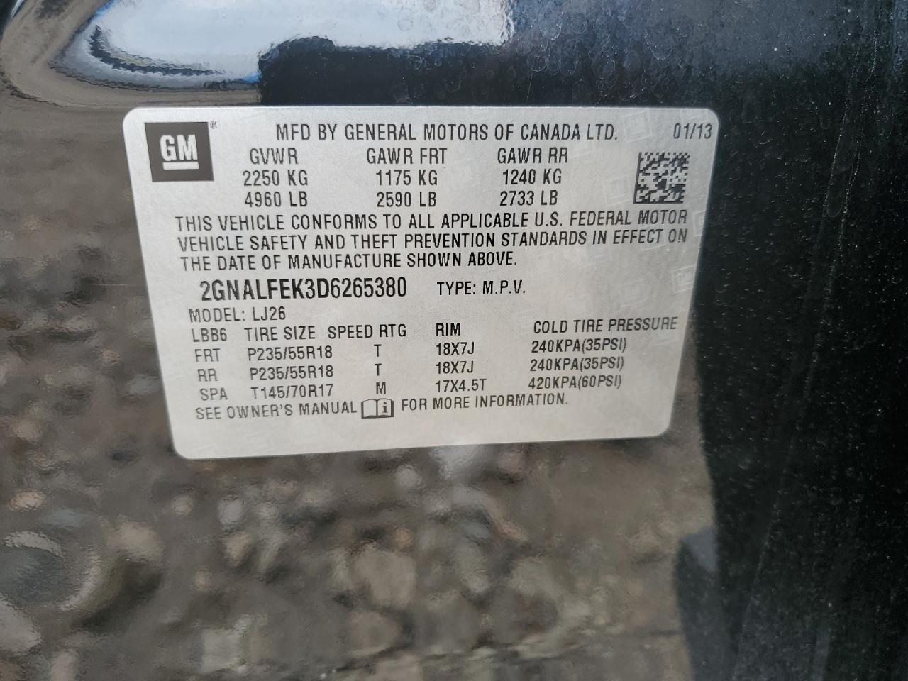 2013 Chevrolet Equinox Ltz VIN: 2GNALFEK3D6265380 Lot: 63325374