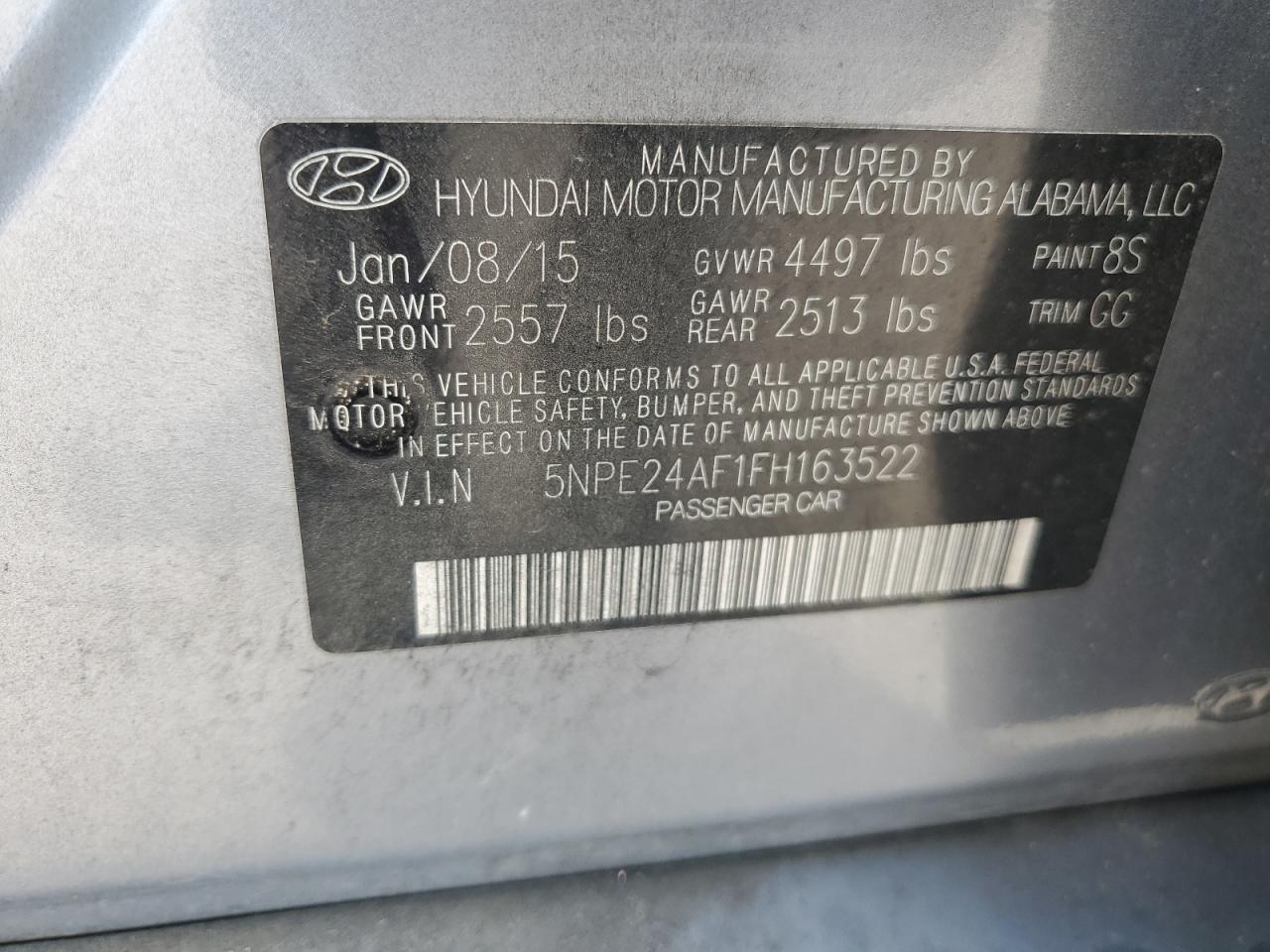 2015 Hyundai Sonata Se VIN: 5NPE24AF1FH163522 Lot: 60591024