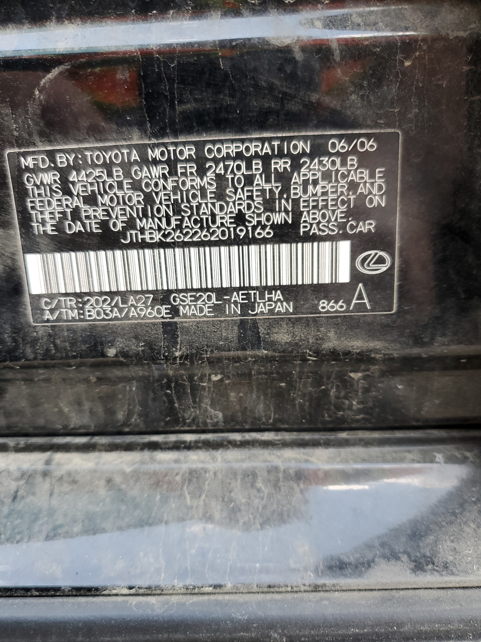 JTHBK262262019166 2006 Lexus Is 250