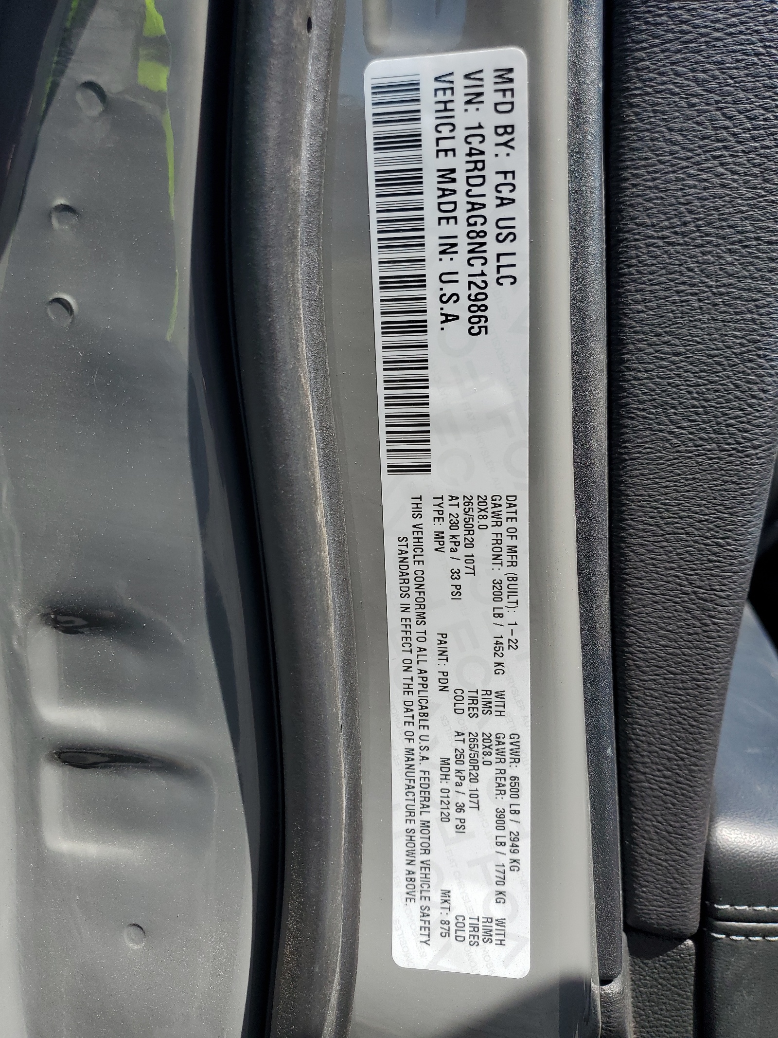 1C4RDJAG8NC129865 2022 Dodge Durango Sxt