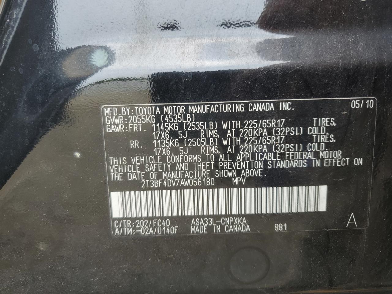 2010 Toyota Rav4 VIN: 2T3BF4DV7AW056180 Lot: 64425494