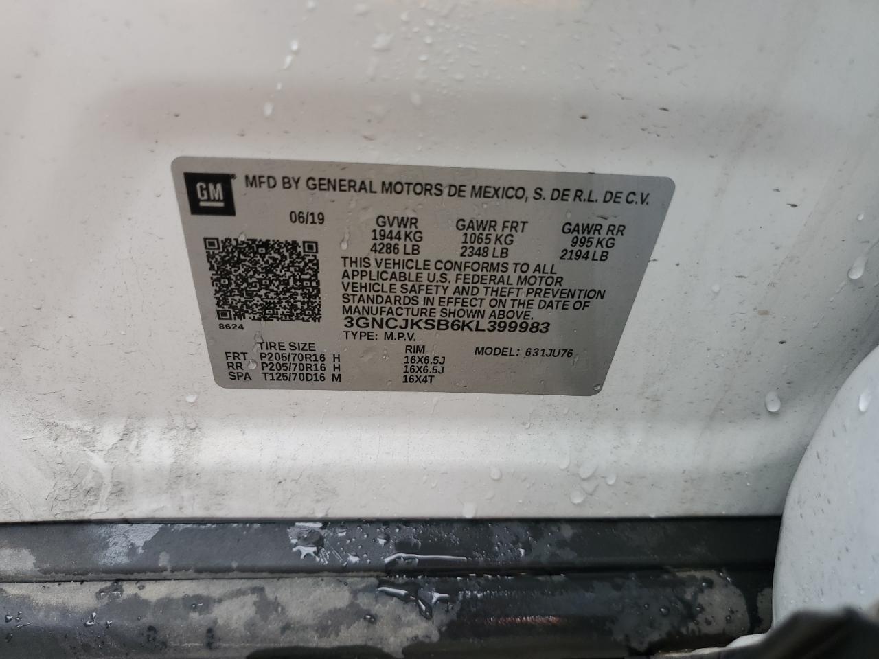 2019 Chevrolet Trax Ls VIN: 3GNCJKSB6KL399983 Lot: 62688574