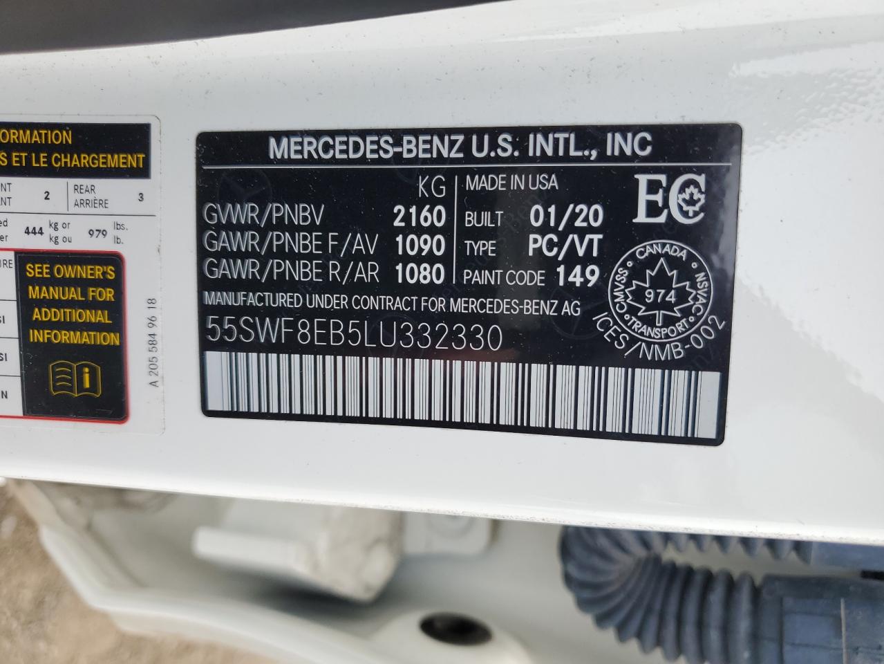 2020 Mercedes-Benz C 300 4Matic VIN: 55SWF8EB5LU332330 Lot: 61378084