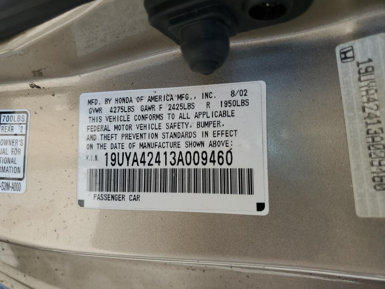 2003 Acura 3.2Cl VIN: 19UYA42413A009460 Lot: 64620134