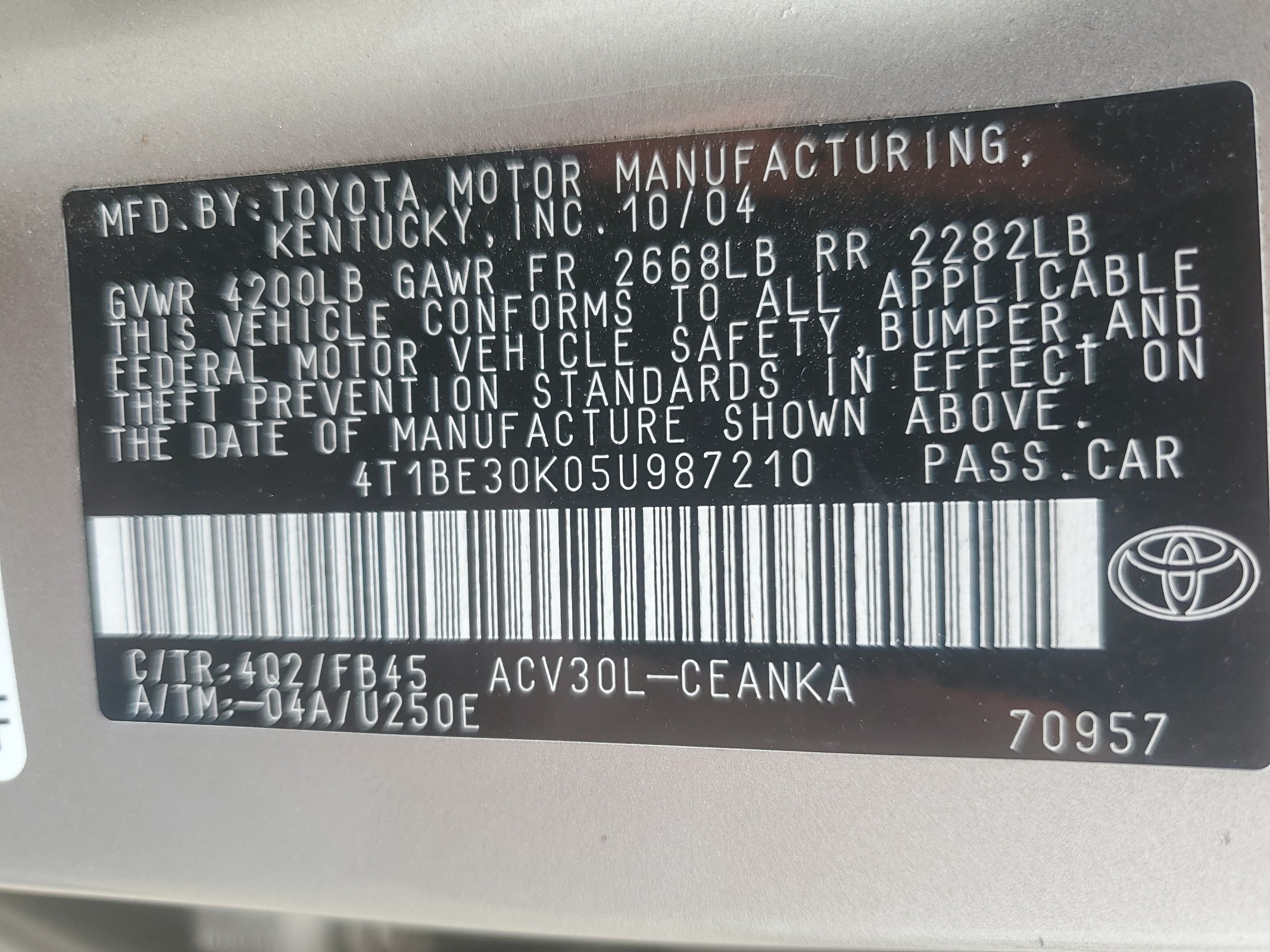 4T1BE30K05U987210 2005 Toyota Camry Le