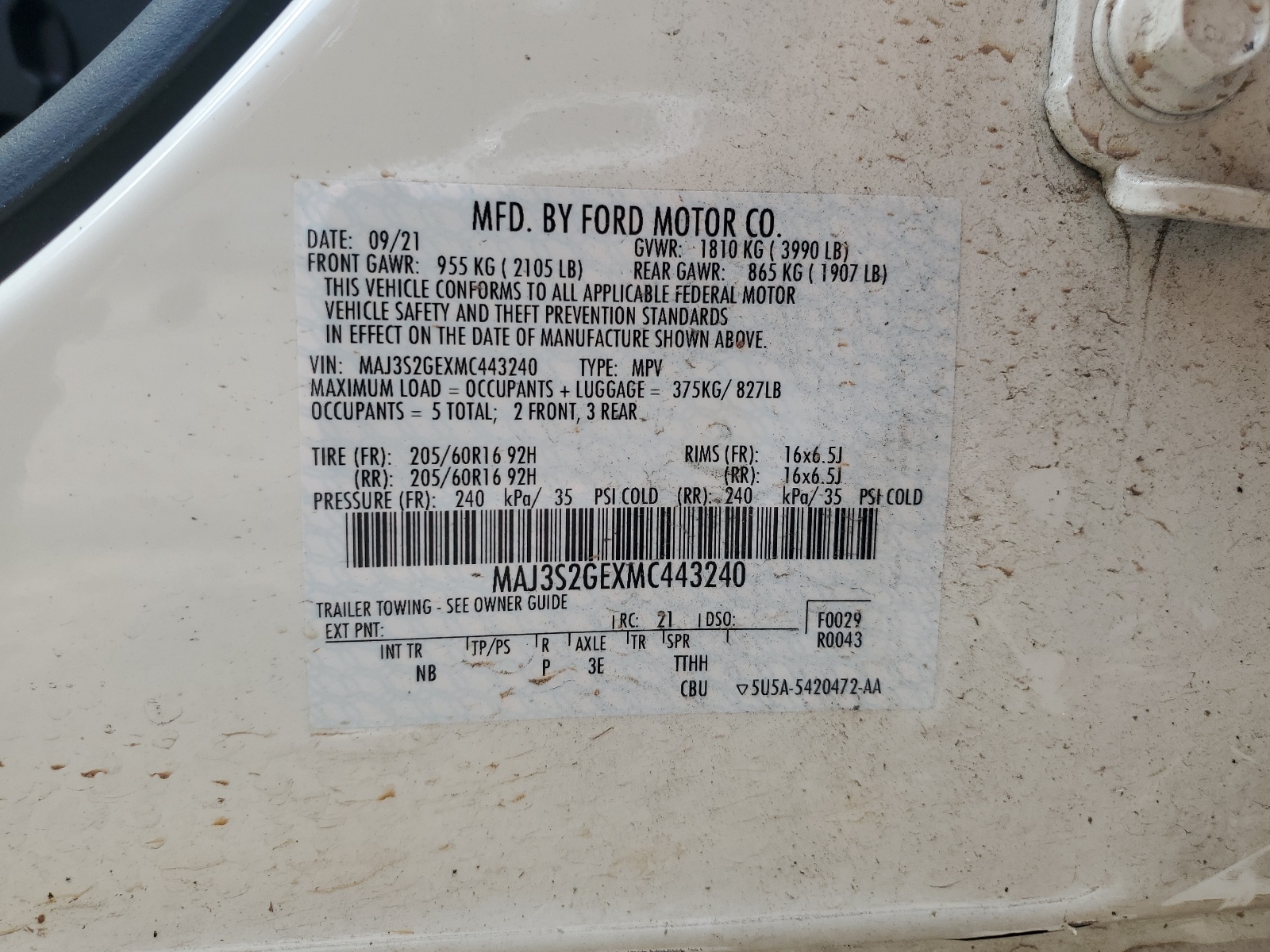 MAJ3S2GEXMC443240 2021 Ford Ecosport Se