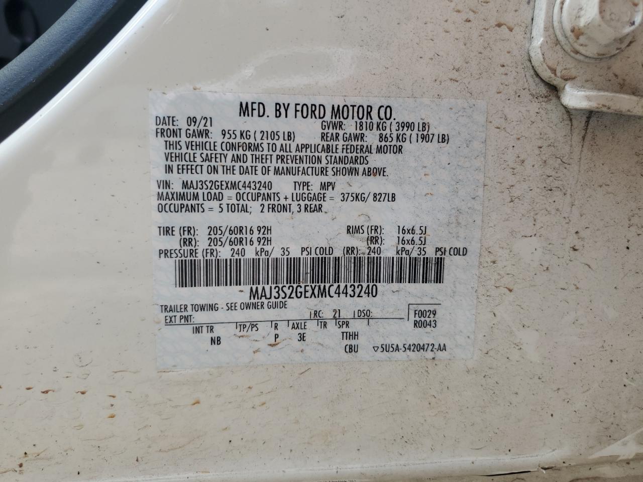 2021 Ford Ecosport Se VIN: MAJ3S2GEXMC443240 Lot: 65117344