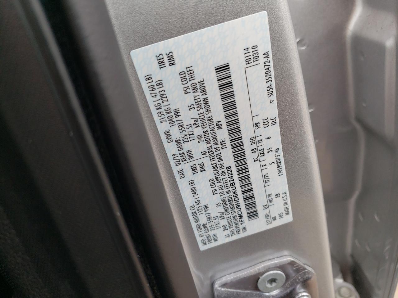 2019 Ford Escape Sel VIN: 1FMCU9HD6KUB24228 Lot: 62219964