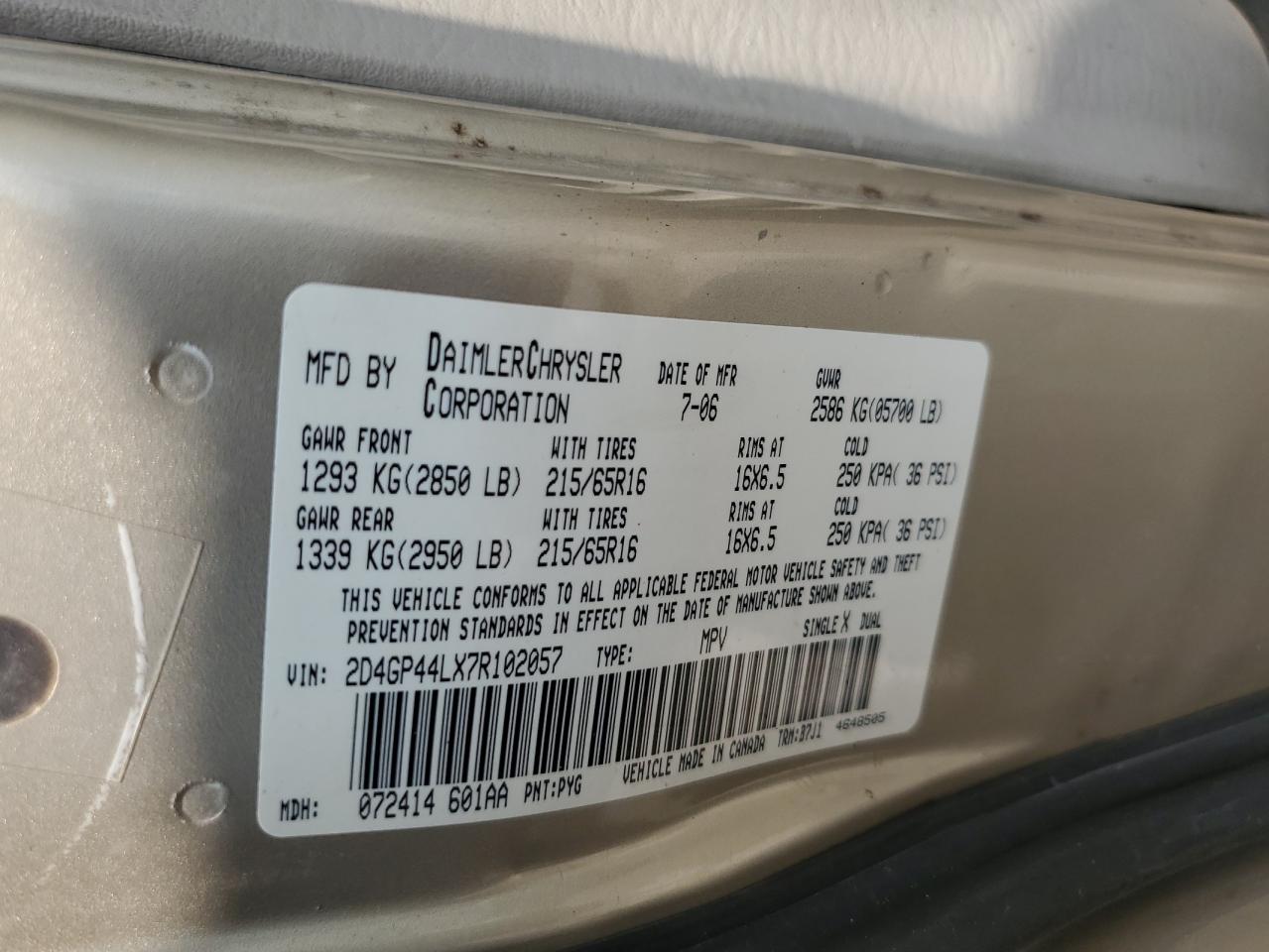 2D4GP44LX7R102057 2007 Dodge Grand Caravan Sxt