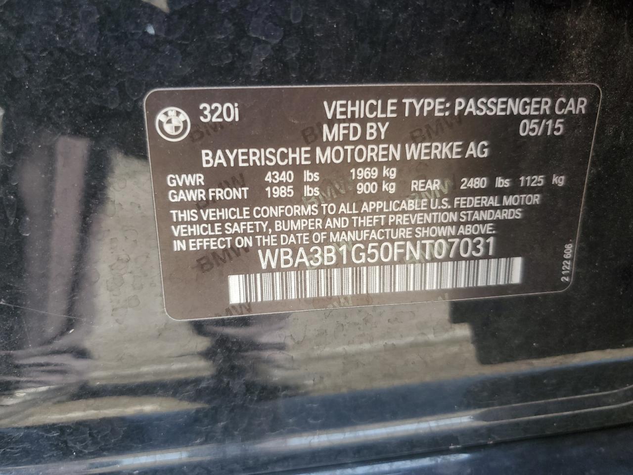 2015 BMW 320 I VIN: WBA3B1G50FNT07031 Lot: 64124964