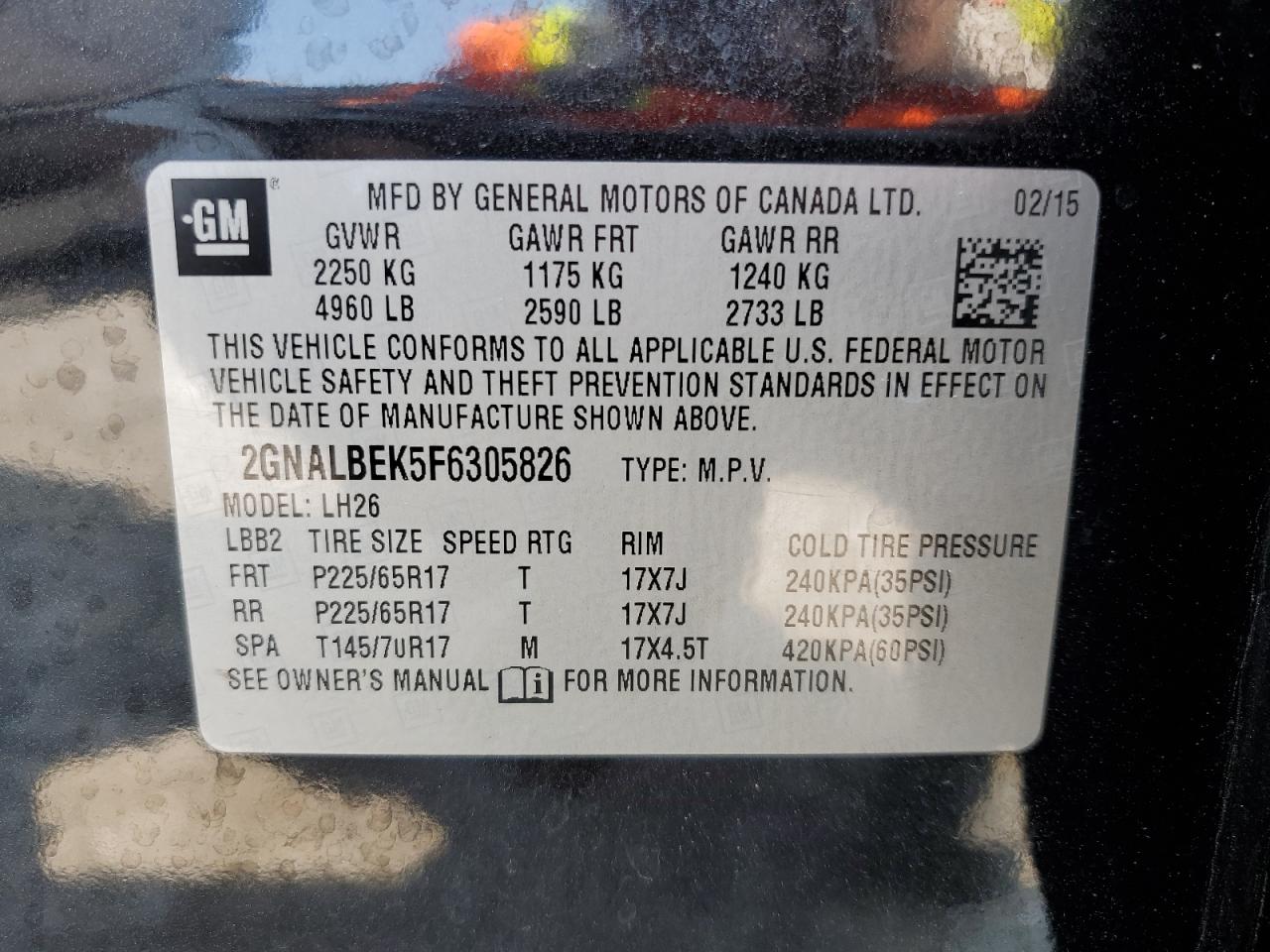 2GNALBEK5F6305826 2015 Chevrolet Equinox Lt