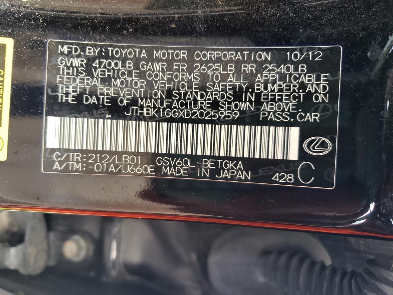 2013 Lexus Es 350 VIN: JTHBK1GGXD2025959 Lot: 61372464