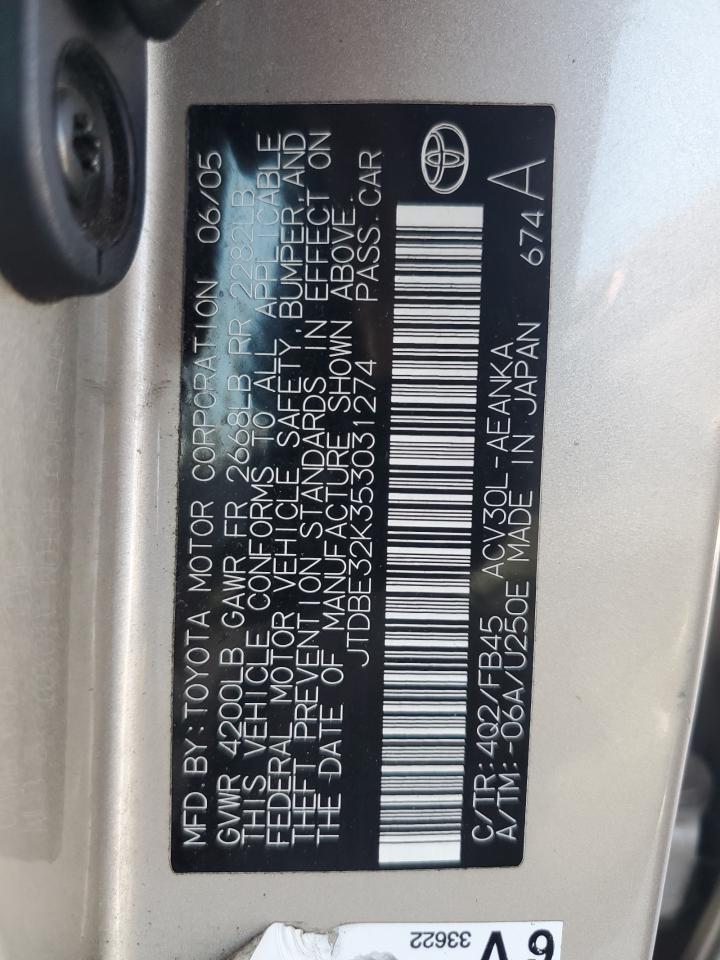 2005 Toyota Camry Le VIN: JTDBE32K353031274 Lot: 63672814