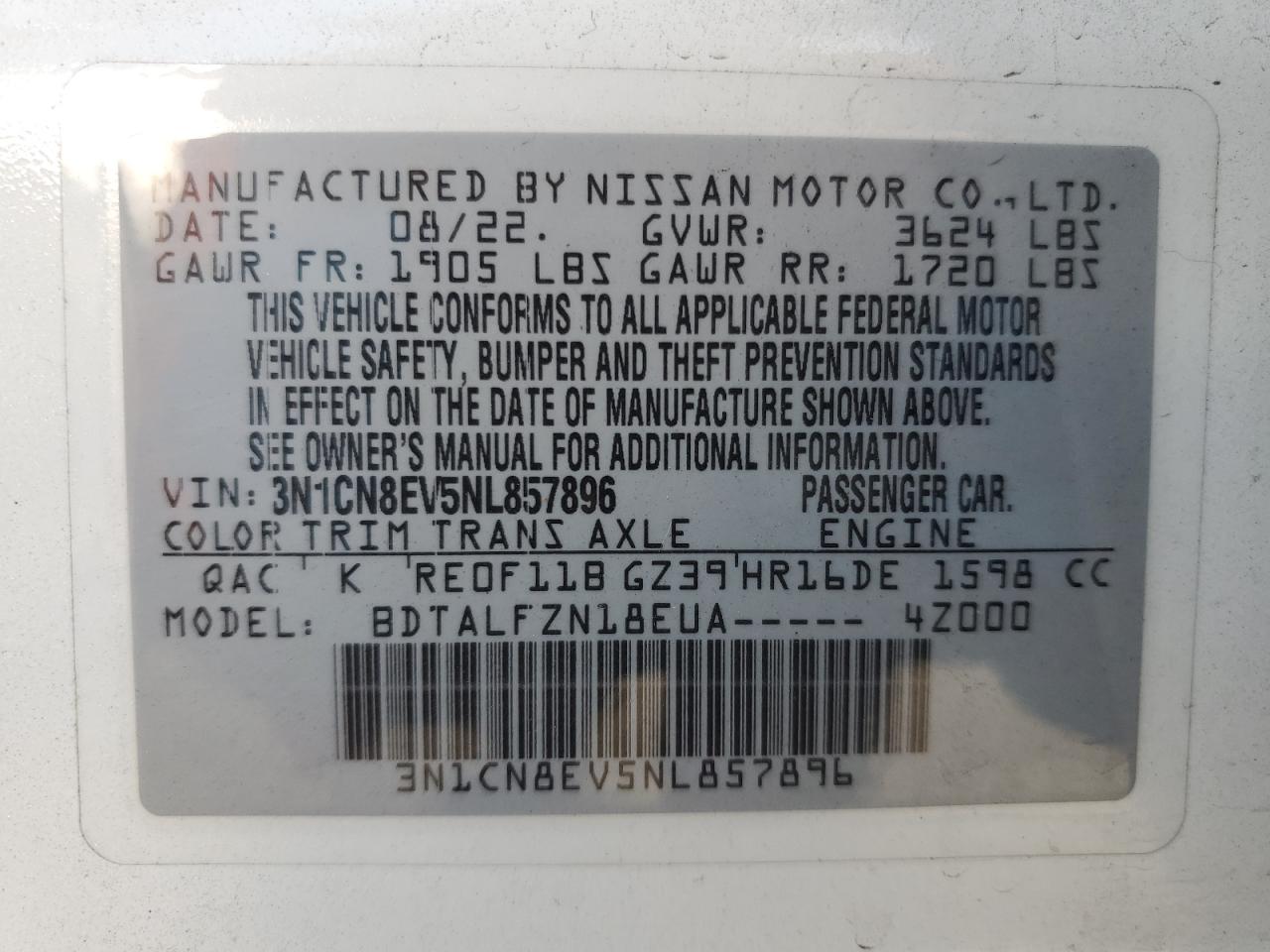 2022 Nissan Versa Sv VIN: 3N1CN8EV5NL857896 Lot: 63396014