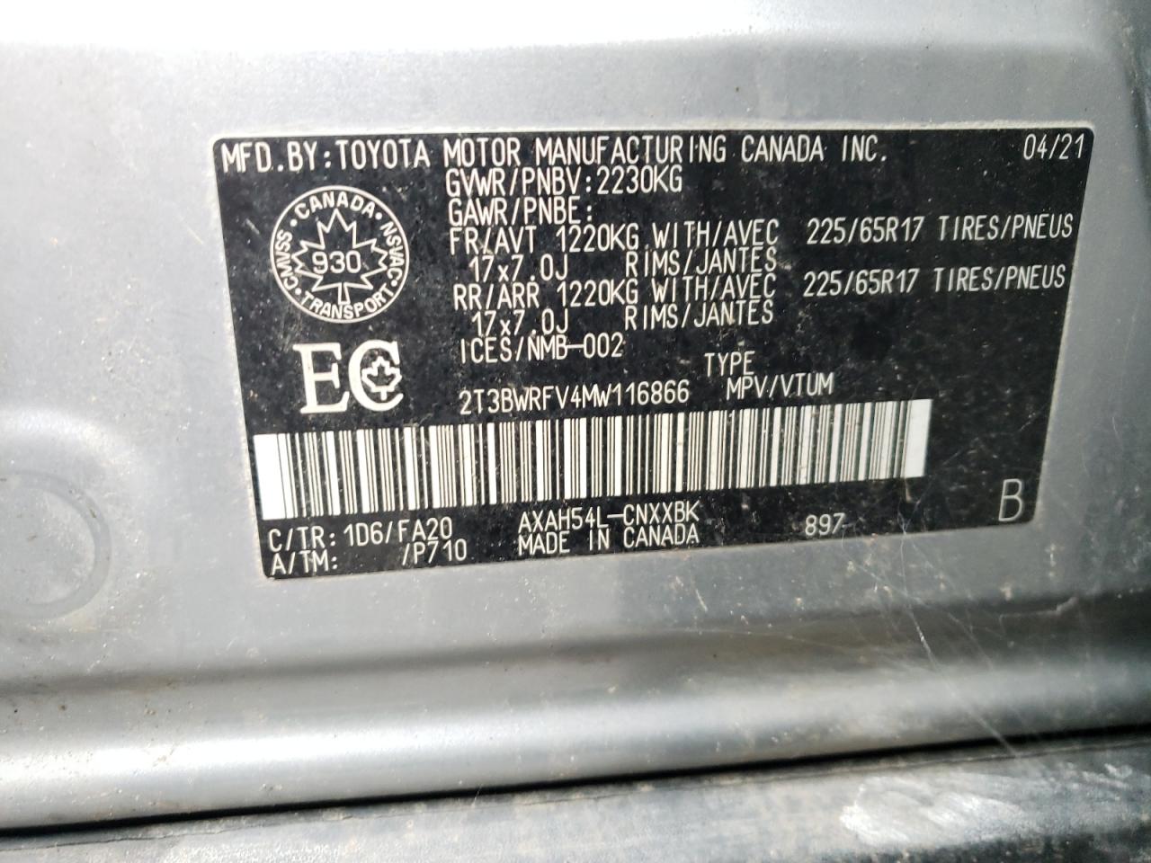 2021 Toyota Rav4 Le VIN: 2T3BWRFV4MW116866 Lot: 64546844