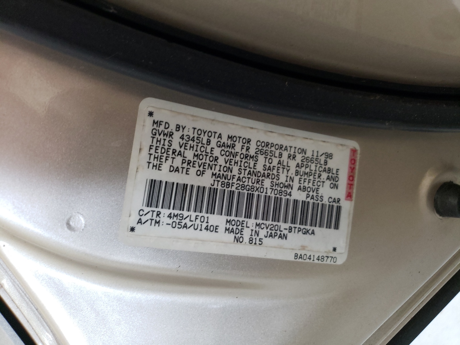 JT8BF28G8X0170894 1999 Lexus Es 300