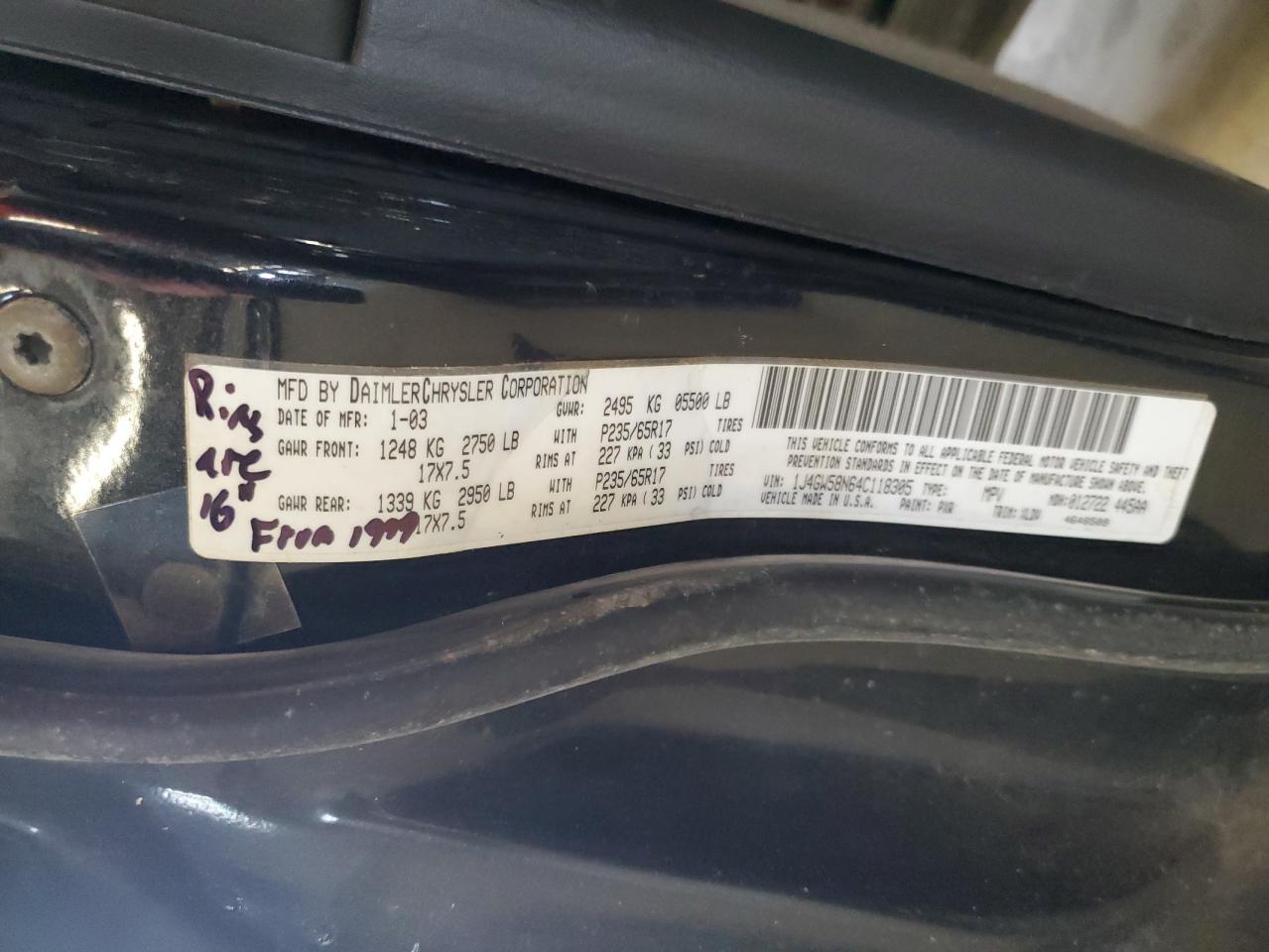 2004 Jeep Grand Cherokee Limited VIN: 1J4GW58N64C118305 Lot: 64846414