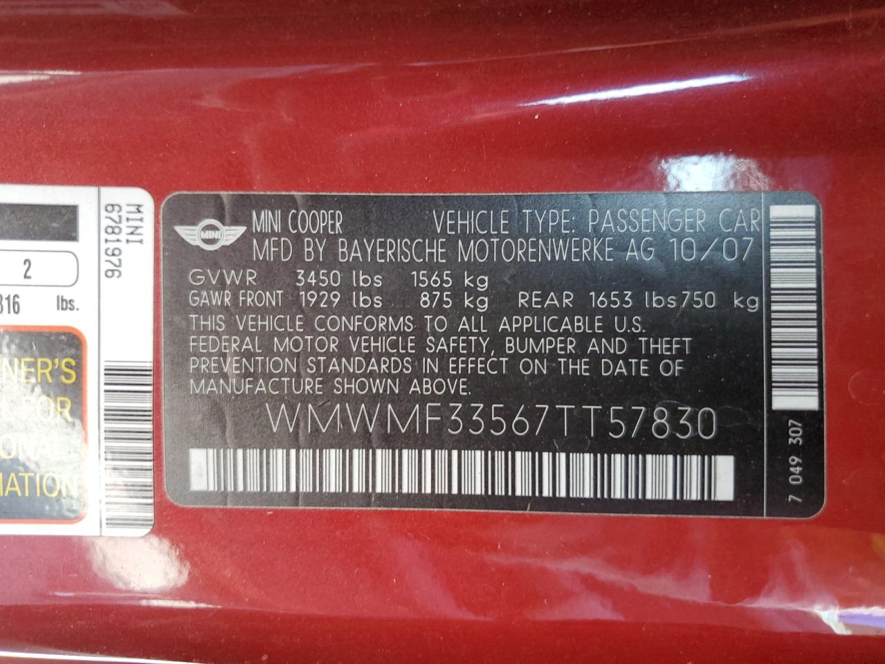2007 Mini Cooper VIN: WMWMF33567TT57830 Lot: 62284934