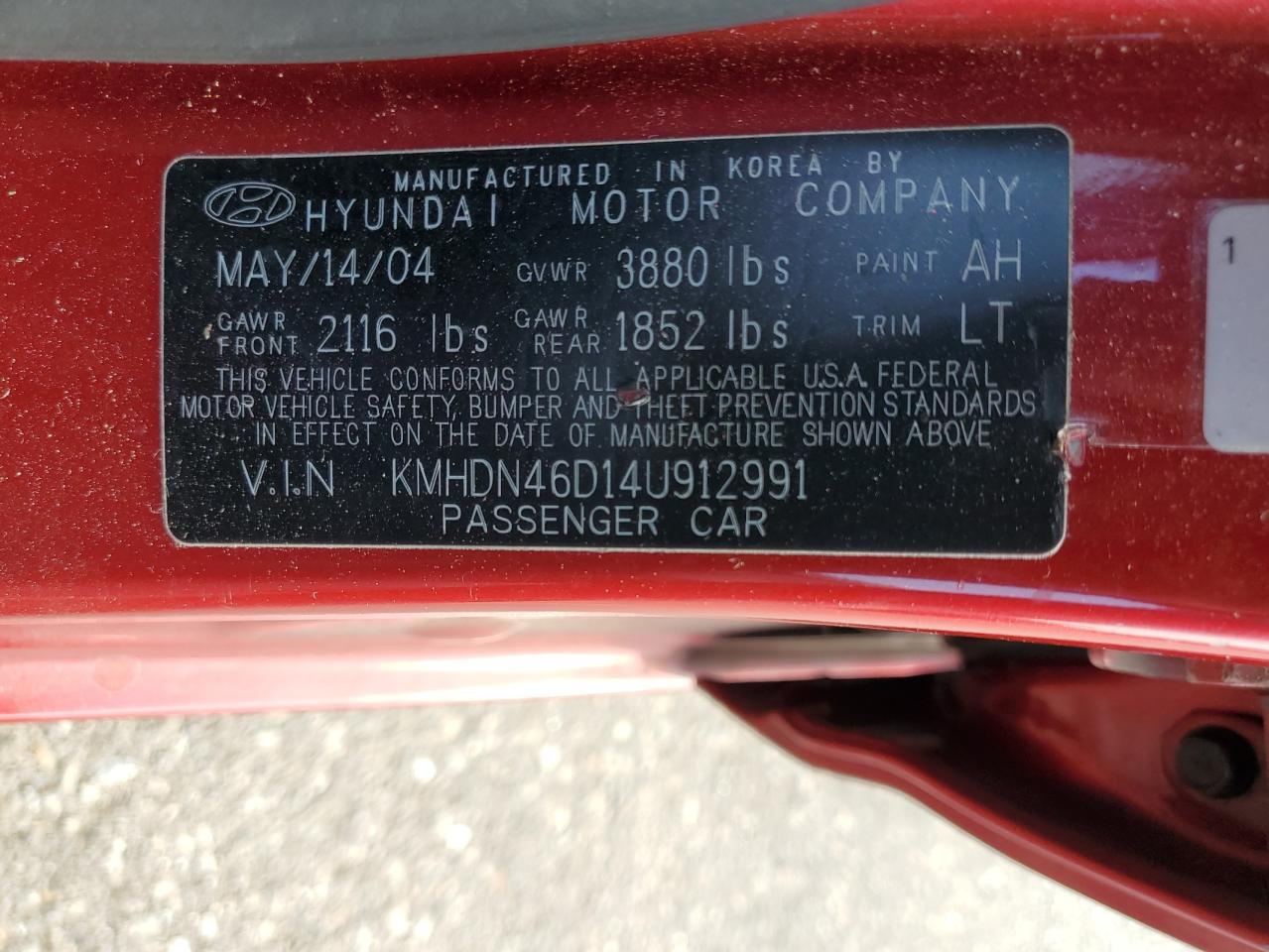2004 Hyundai Elantra Gls VIN: KMHDN46D14U912991 Lot: 64241494