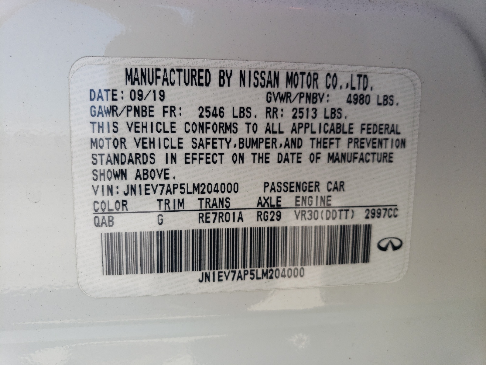 JN1EV7AP5LM204000 2020 Infiniti Q50 Pure