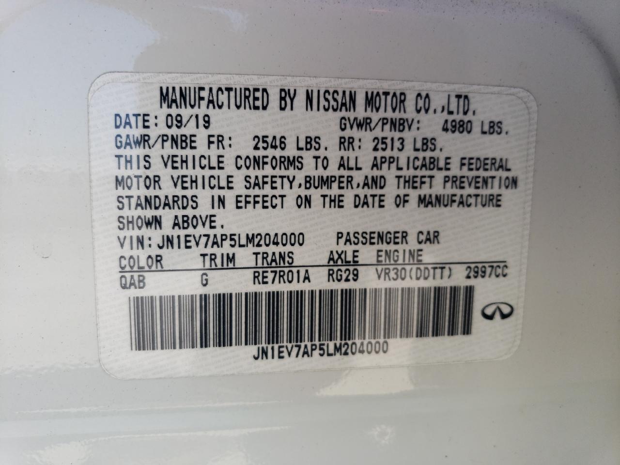 2020 Infiniti Q50 Pure VIN: JN1EV7AP5LM204000 Lot: 61529714