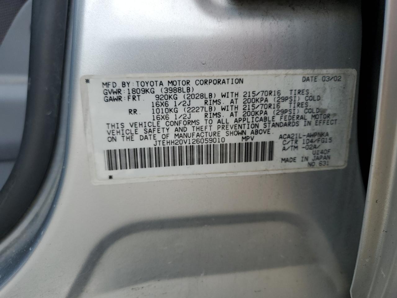 2002 Toyota Rav4 VIN: JTEHH20V126059010 Lot: 63876024