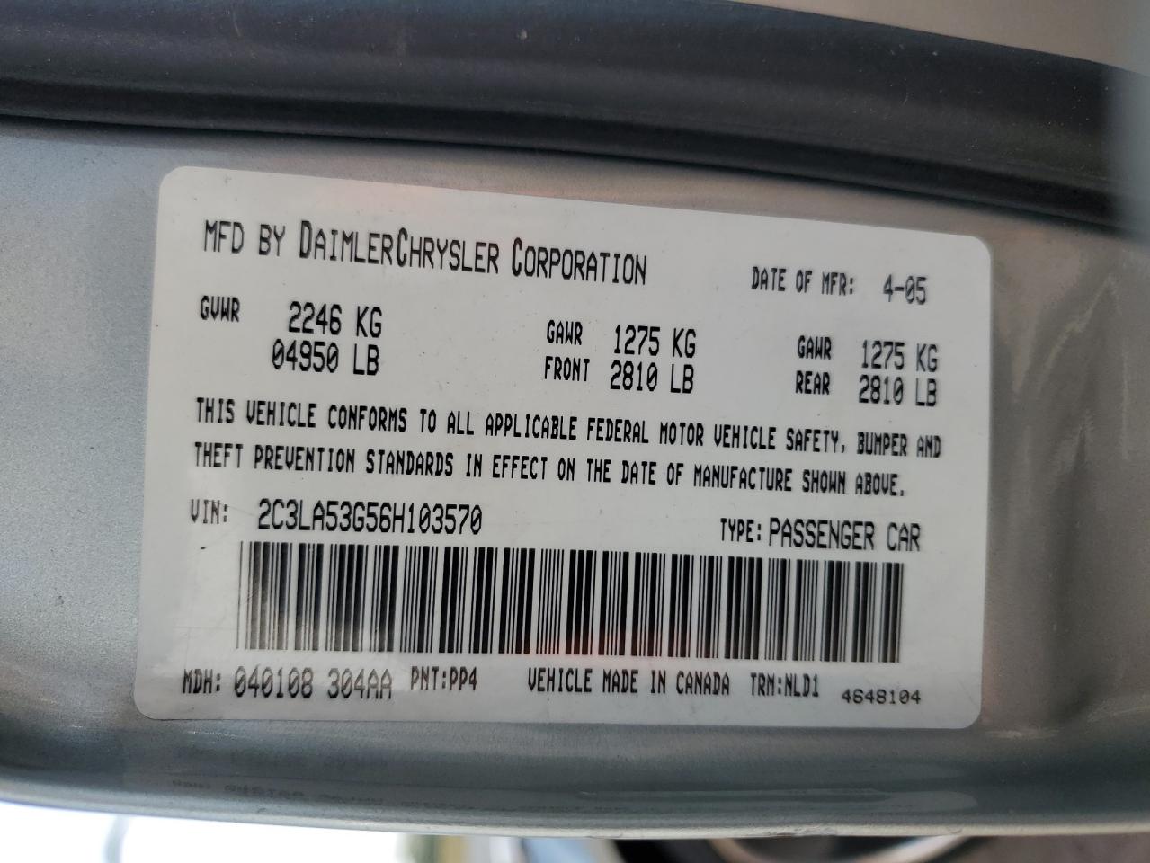 2006 Chrysler 300 Touring VIN: 2C3LA53G56H103570 Lot: 64571924