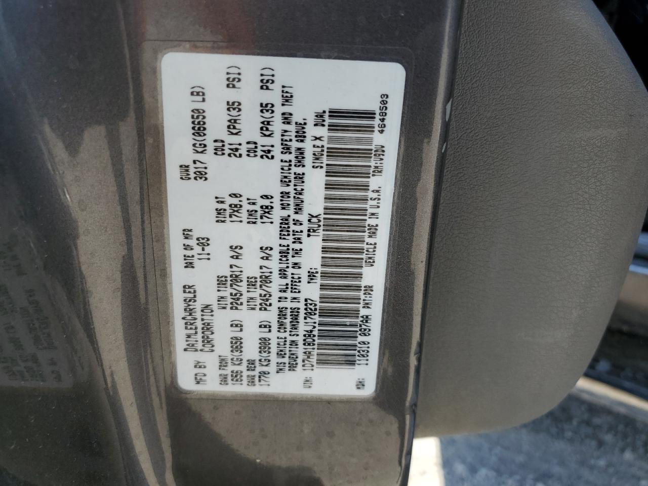 2004 Dodge Ram 1500 St VIN: 1D7HA18D84J170237 Lot: 64707024