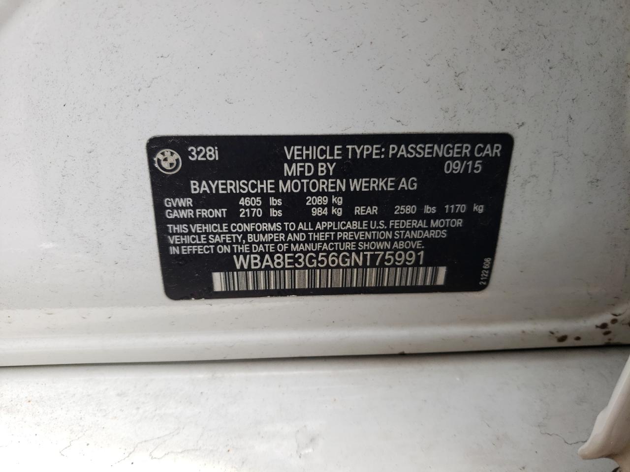 2016 BMW 328 Xi Sulev VIN: WBA8E3G56GNT75991 Lot: 64719164