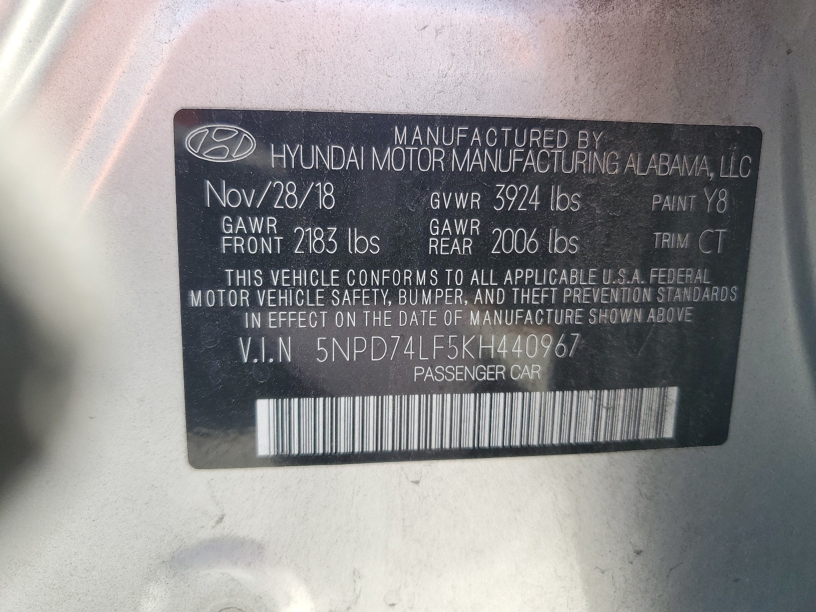 5NPD74LF5KH440967 2019 Hyundai Elantra Se