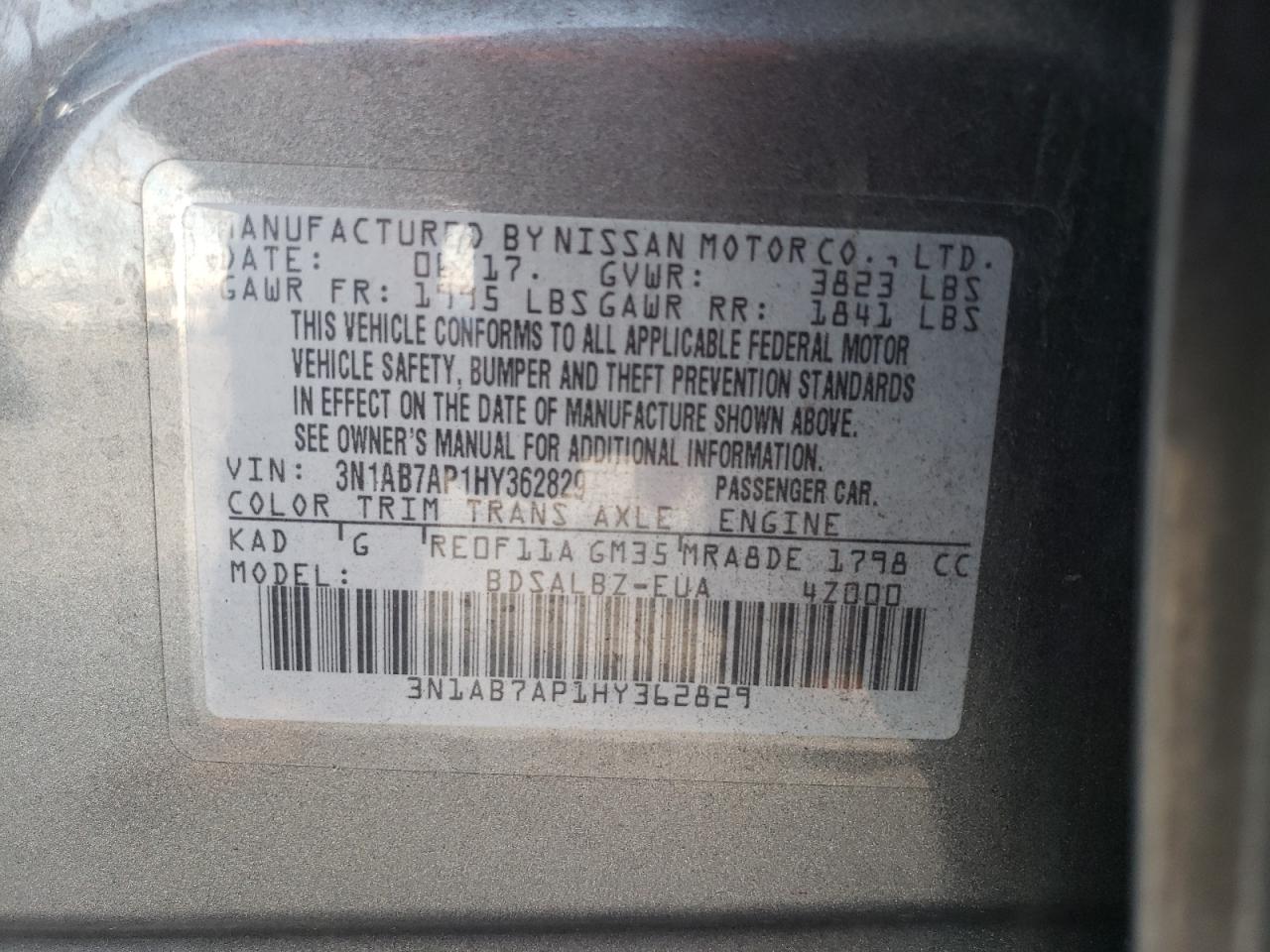 3N1AB7AP1HY362829 2017 Nissan Sentra S