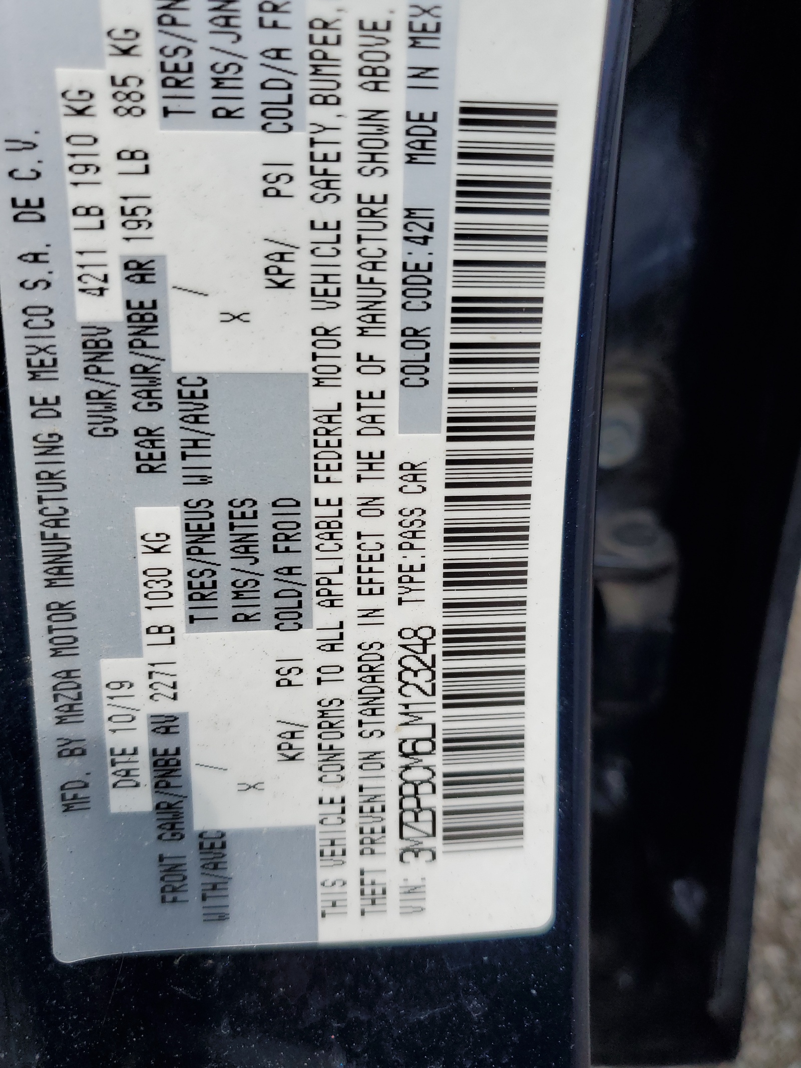 3MZBPBCM6LM123248 2020 Mazda 3 Select