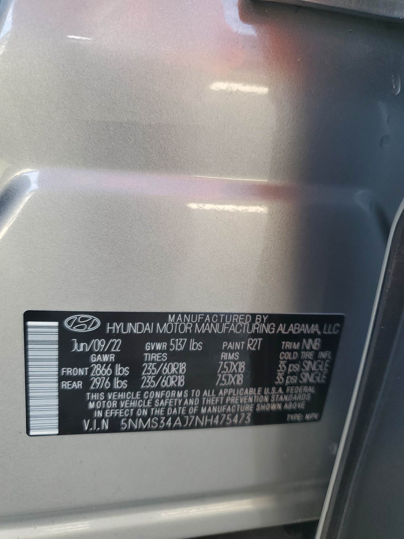 5NMS34AJ7NH475473 2022 Hyundai Santa Fe Sel