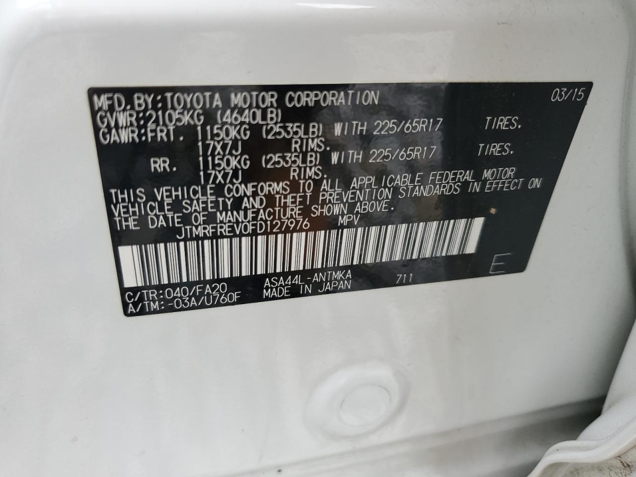 2015 Toyota Rav4 Xle VIN: JTMRFREV0FD127976 Lot: 63102414