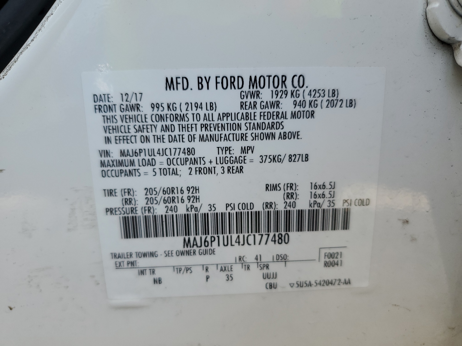 MAJ6P1UL4JC177480 2018 Ford Ecosport Se