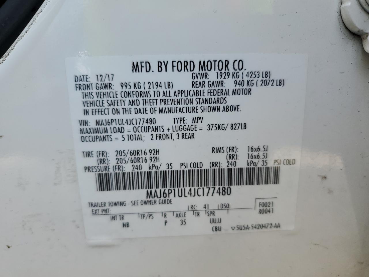 2018 Ford Ecosport Se VIN: MAJ6P1UL4JC177480 Lot: 63880214