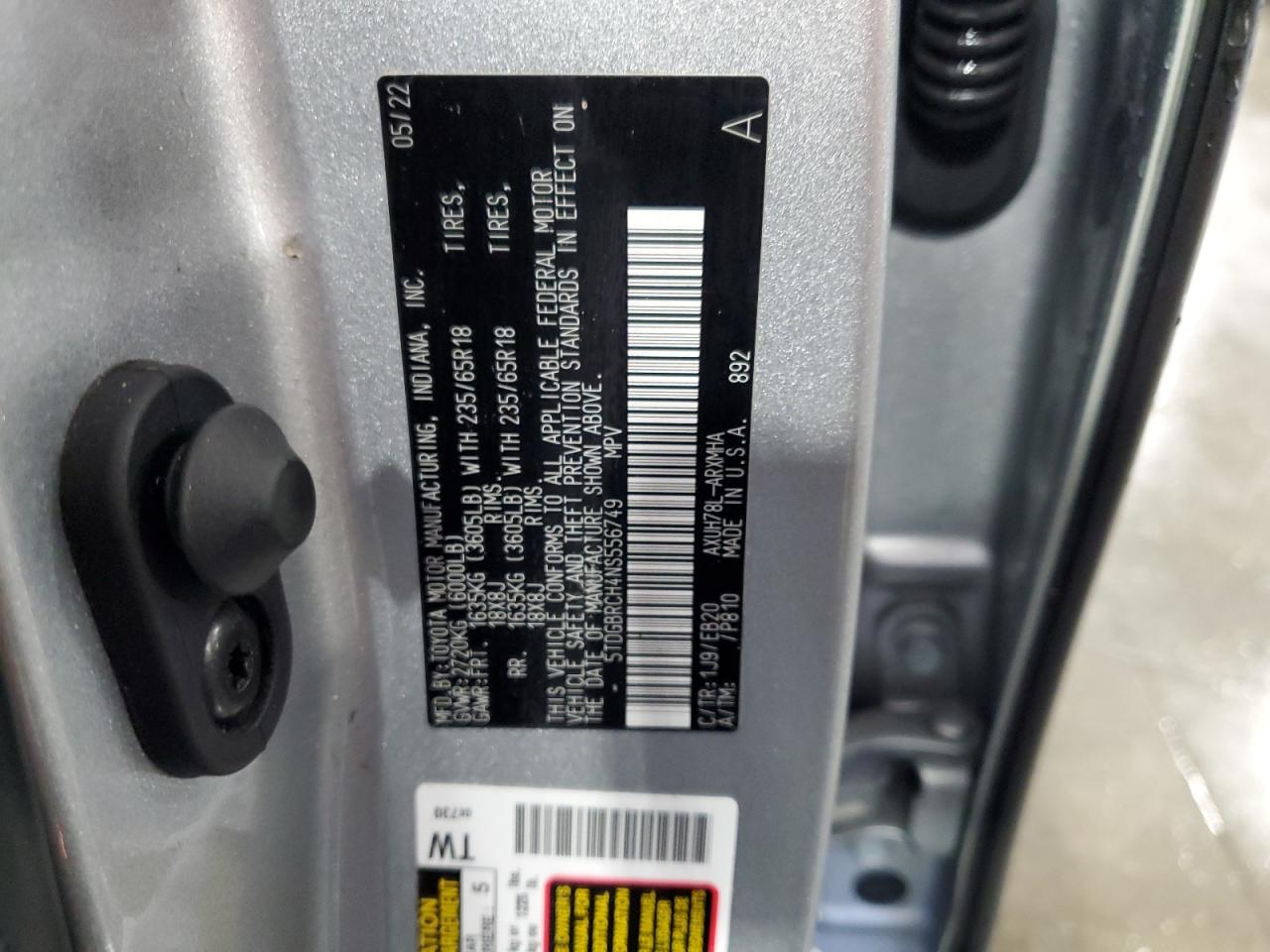 2022 Toyota Highlander Hybrid Xle VIN: 5TDGBRCH4NS556749 Lot: 62192184