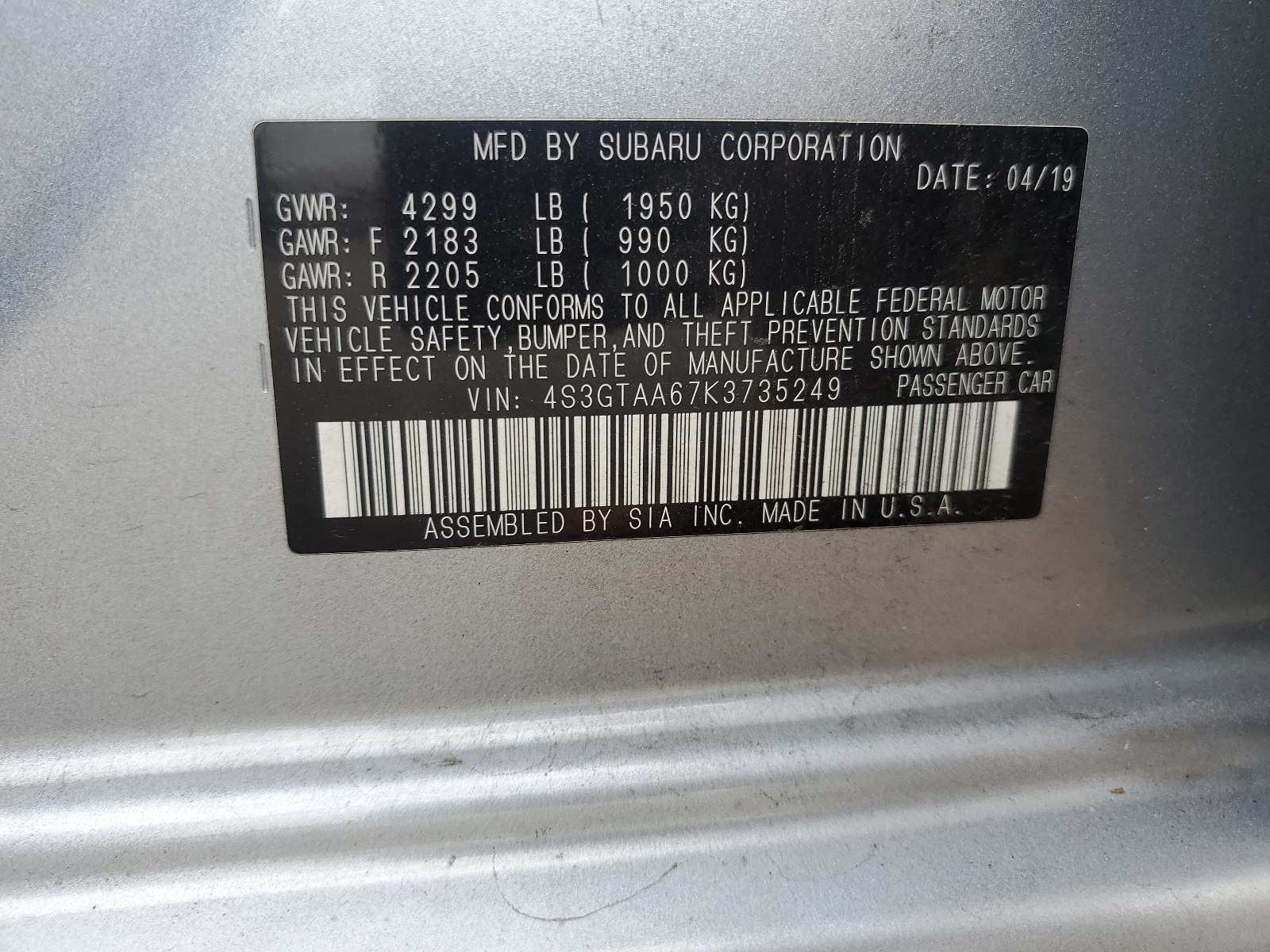 4S3GTAA67K3735249 2019 Subaru Impreza